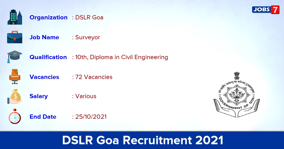 DSLR Goa Recruitment 2021 - Apply Online for 72 Field Surveyor Vacancies