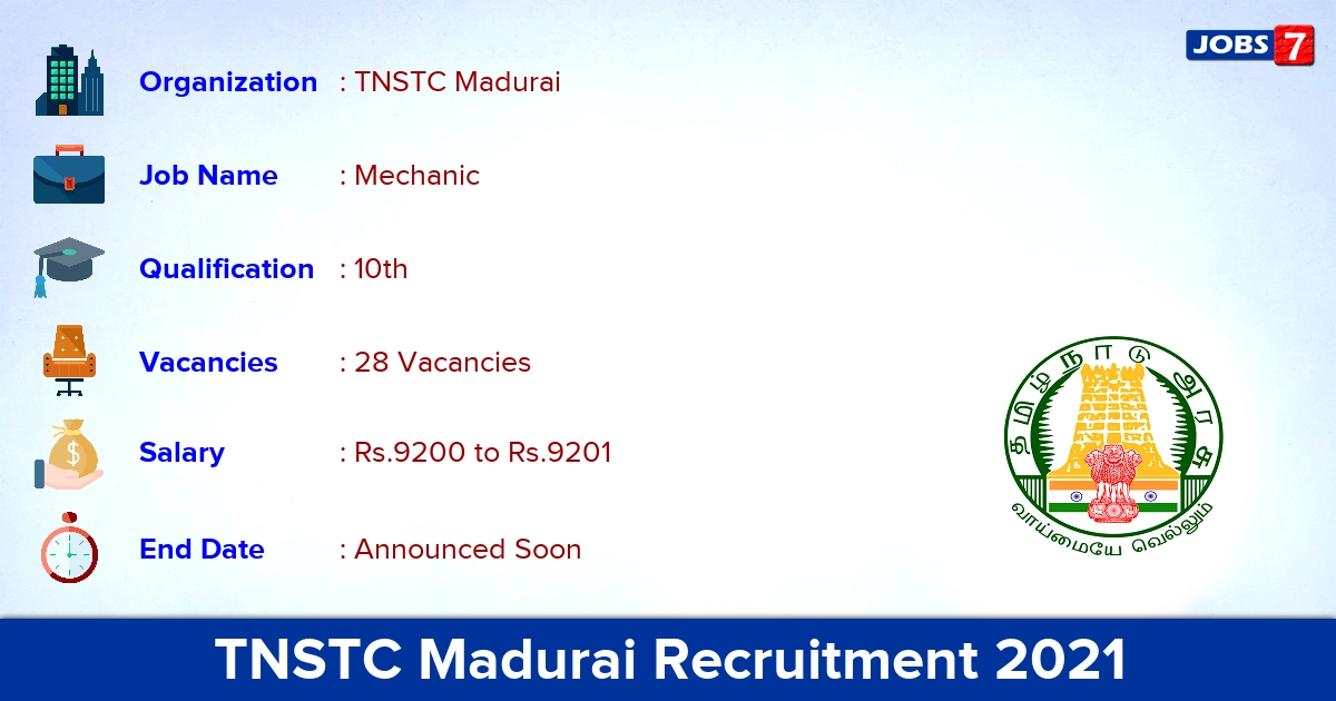 TNSTC Madurai Recruitment 2021 - Apply Online for 28 Mechanic Vacancies