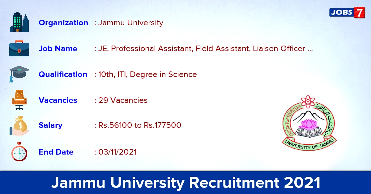 Jammu University Recruitment 2021 - Apply Online for 29 Liaison Officer Vacancies