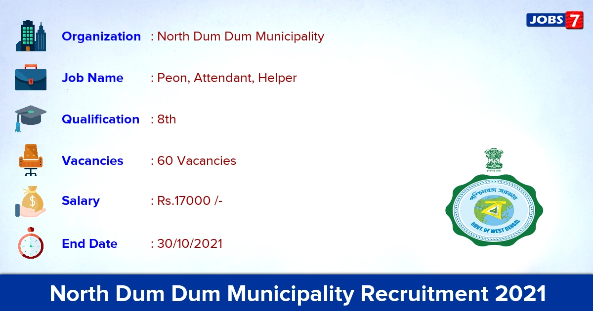 North Dum Dum Municipality Recruitment 2021 - Apply 60 Peon, Attendant Vacancies