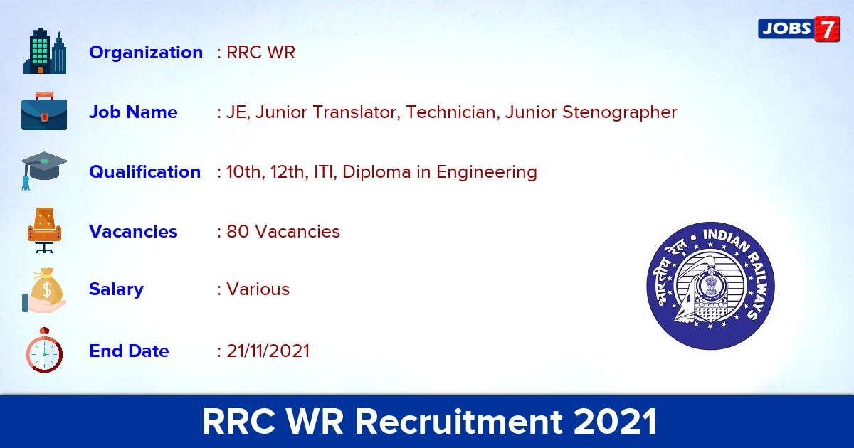 RRC WR Recruitment 2021 - Apply for 80 Junior Stenographer Vacancies