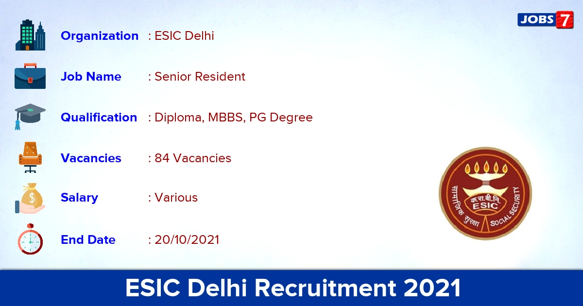 ESIC Delhi Recruitment 2021 - Direct Interview for 84 Senior Resident Vacancies