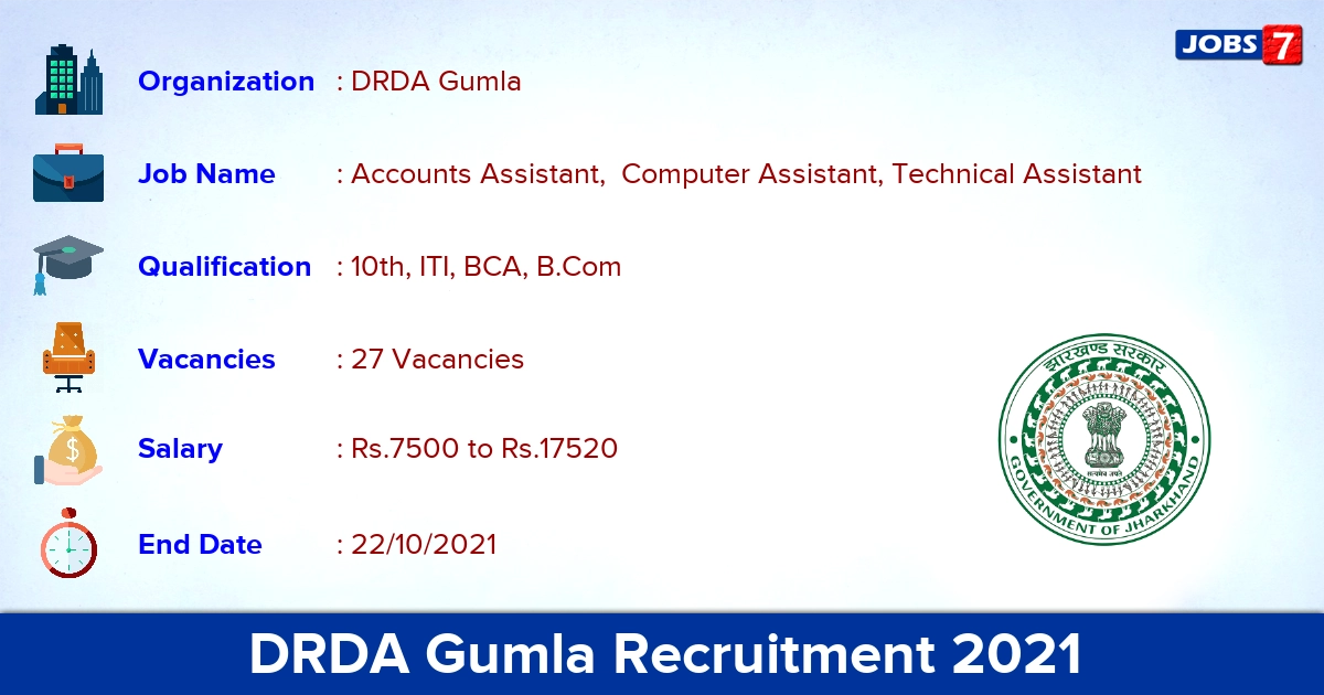 DRDA Gumla Recruitment 2021 - Apply for 27 Computer Assistant Vacancies