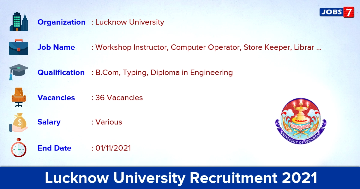 Lucknow University Recruitment 2021 - Apply 36 Laboratory Instructor Vacancies