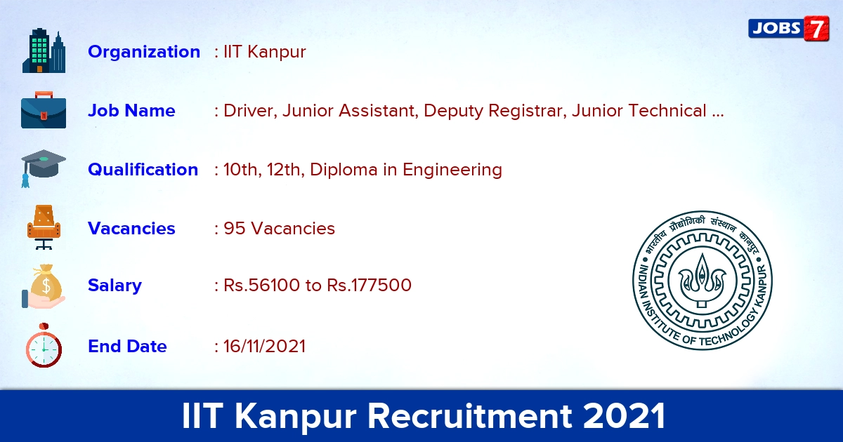 IIT Kanpur Recruitment 2021 - Apply Online for 95 Junior Assistant Vacancies IIT Kanpur Recruitment 2021 - Apply Online for 95 Junior Assistant Vacancies