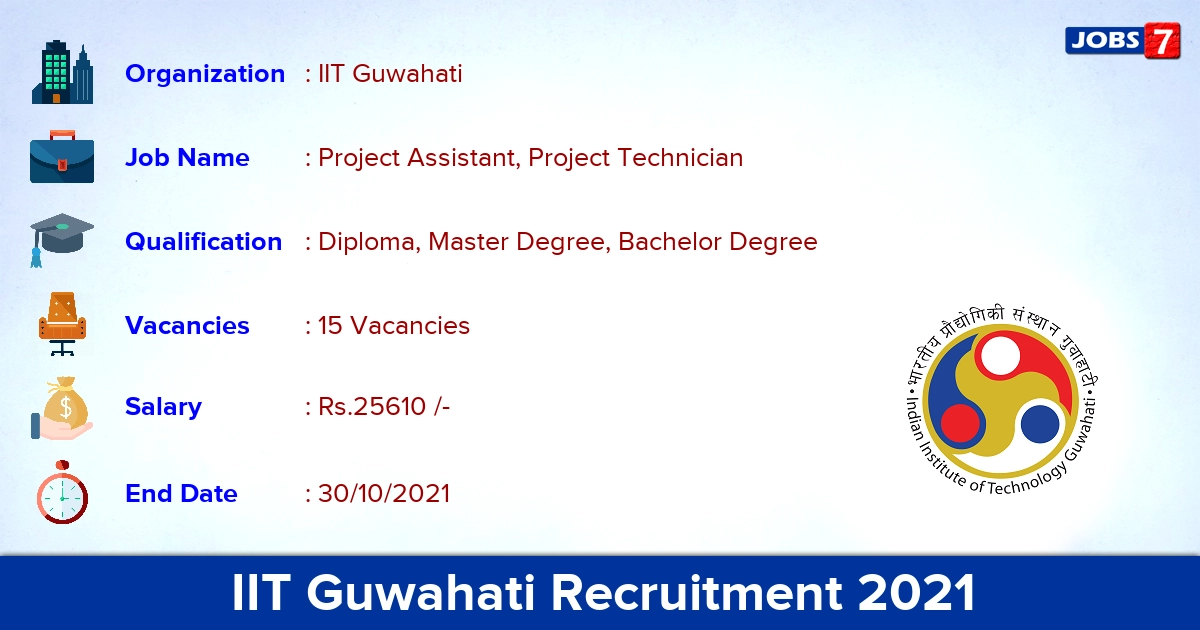 IIT Guwahati Recruitment 2021 - Apply Online for 15 Project Technician Vacancies IIT Guwahati Recruitment 2021 - Apply Online for 15 Project Technician Vacancies