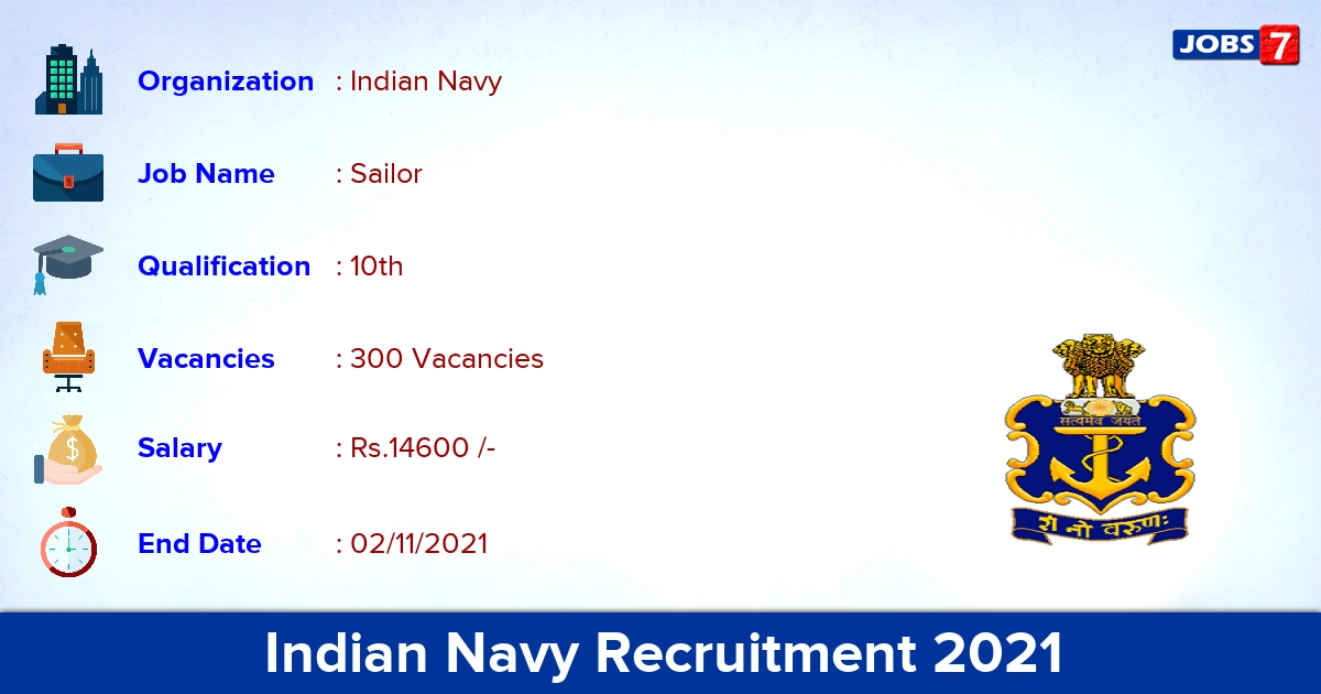 Indian Navy Sailor MR Recruitment 2021 - Apply Online for 300 Vacancies