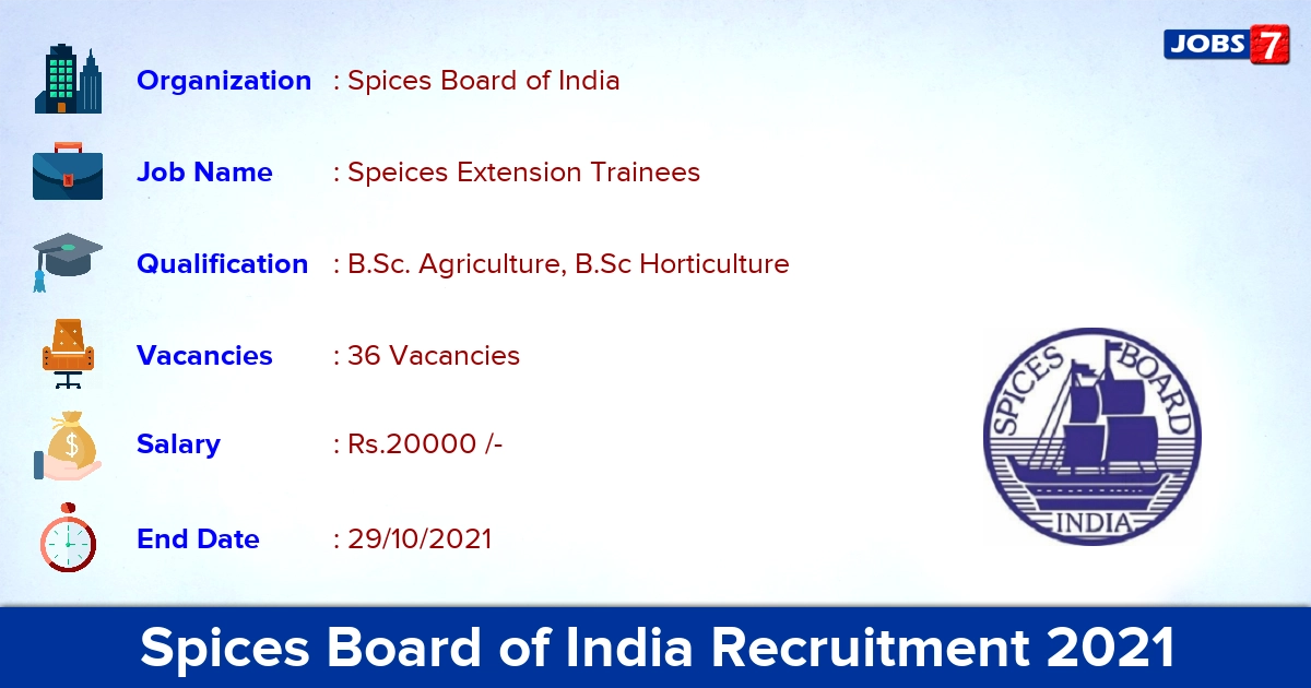 Spices Board of India Recruitment 2021 - Interview for 36 Speices Extension Trainee Vacancies