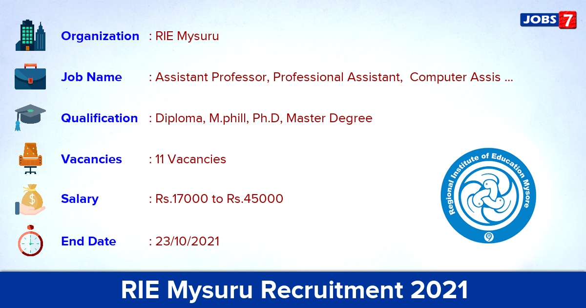 RIE Mysuru Recruitment 2021 - Direct Interview for Assistant Professor Vacancies