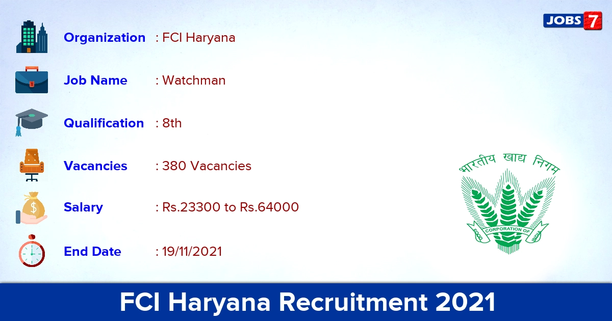 FCI Haryana Recruitment 2021 - Apply Online for 380 Watchman Vacancies