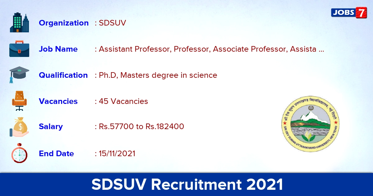 SDSUV Recruitment 2021 - Apply Offline for 45 Professor Vacancies