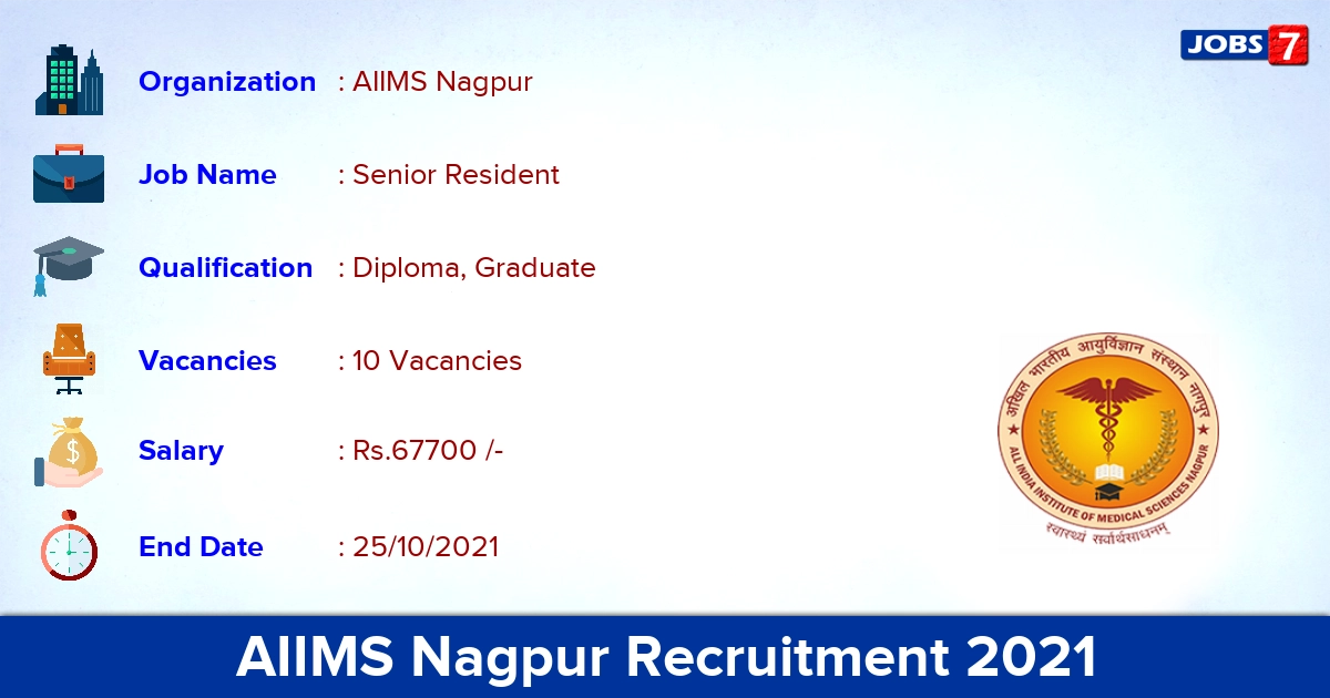 AIIMS Nagpur Recruitment 2021 - Direct Interview for 10 Senior Resident Vacancies