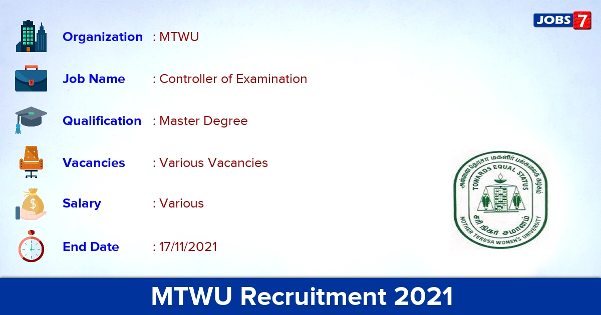 MTWU Recruitment 2021 - Apply for Controller of Examination Vacancies