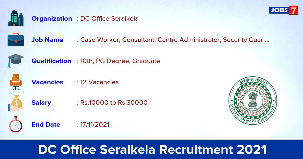 DC Office Seraikela Recruitment 2021 - Apply for 12 Case Worker Vacancies