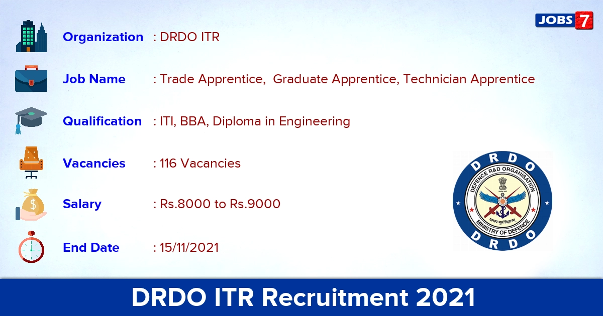 DRDO ITR Recruitment 2021 - Apply Online for 116 Apprentice Vacancies
