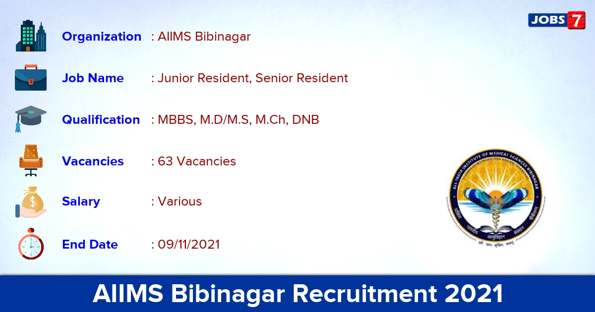 AIIMS Bibinagar Recruitment 2021 - Apply Online for 63 Junior Resident Vacancies