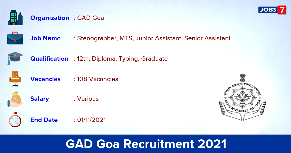 GAD Goa Recruitment 2021 - Apply Online for 108 Stenographer, MTS Vacancies