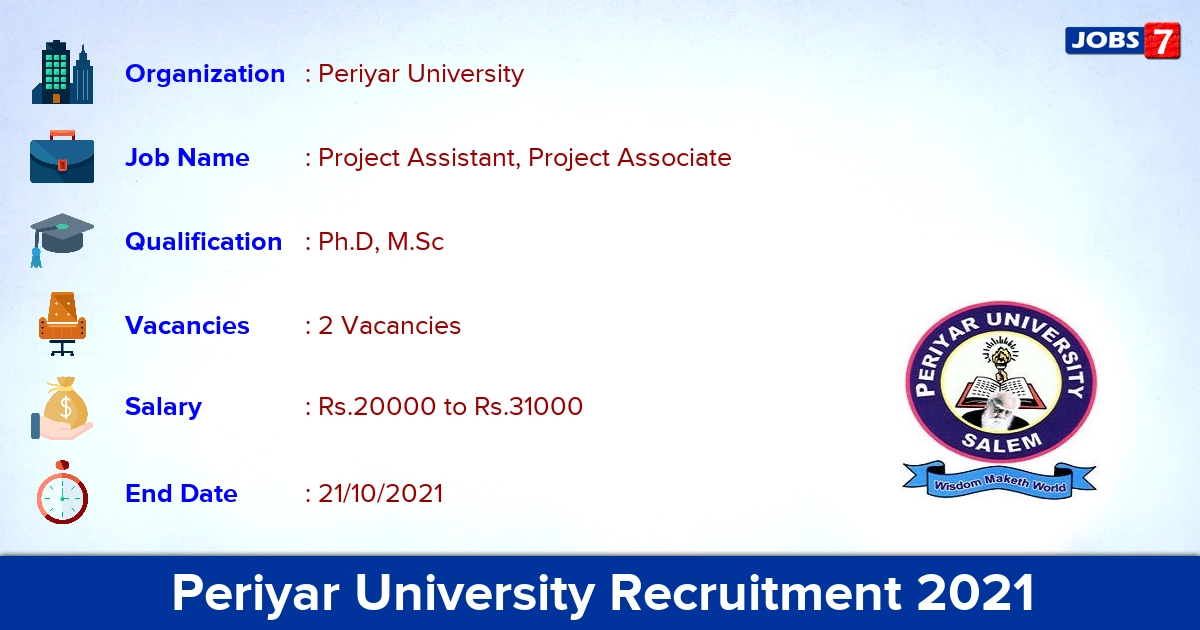 Periyar University Recruitment 2021 - Apply Online for Project Associate Jobs
