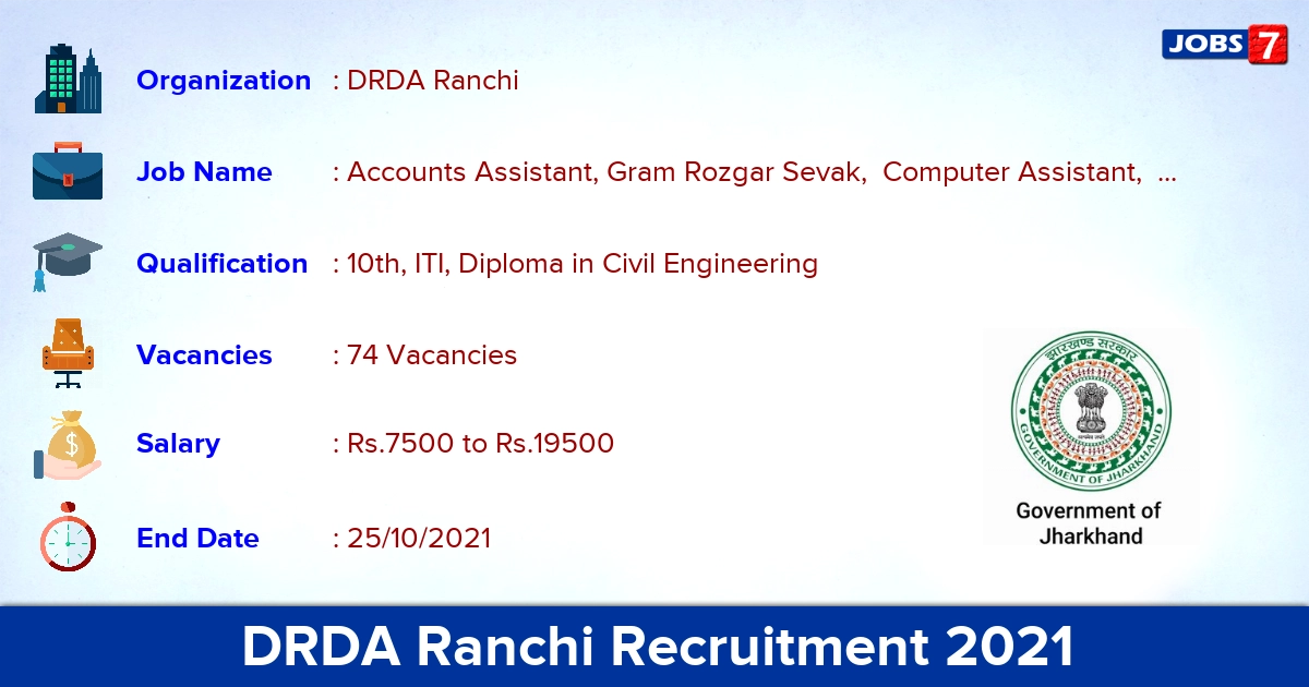 DRDA Ranchi Recruitment 2021 - Apply Online for 74 Gram Rozgar Sevak Vacancies