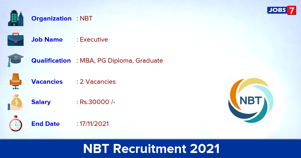NBT Recruitment 2021 - Apply Offline for Marketing Executive Jobs