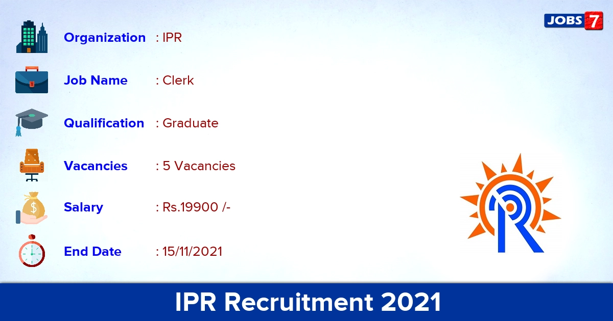 IPR Recruitment 2021 - Apply Online for Clerk Jobs
