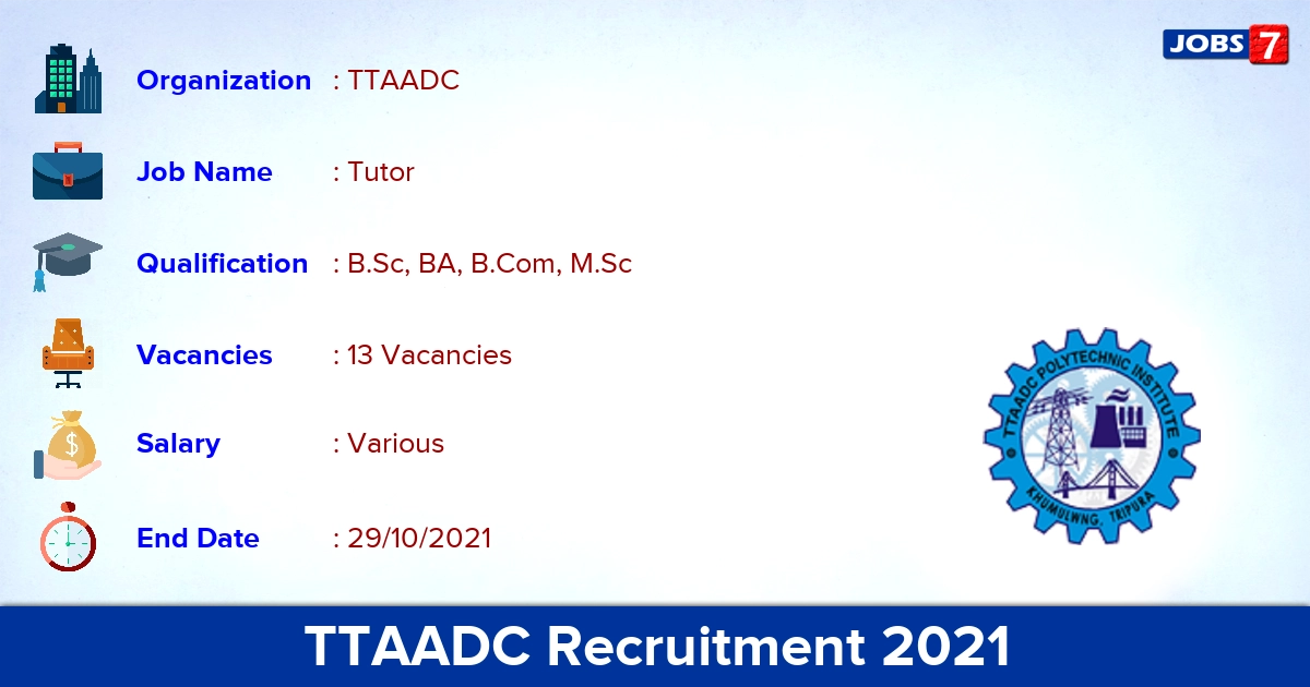TTAADC Recruitment 2021 - Direct Interview for 13 Tutor Vacancies