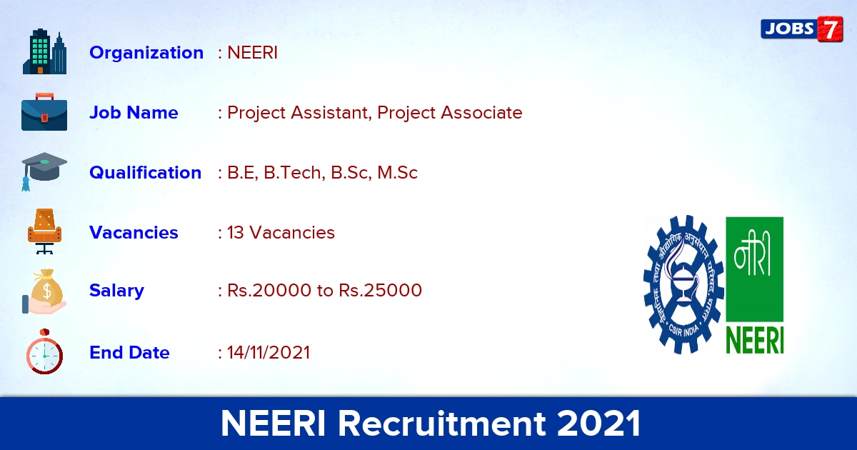NEERI Recruitment 2021 - Apply Online for 13 Project Assistant Vacancies