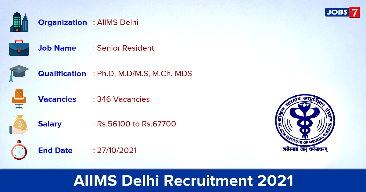 AIIMS Delhi Recruitment 2021 - Apply Online for 346 Senior Resident Vacancies AIIMS Delhi Recruitment 2021 - Apply Online for 346 Senior Resident Vacancies