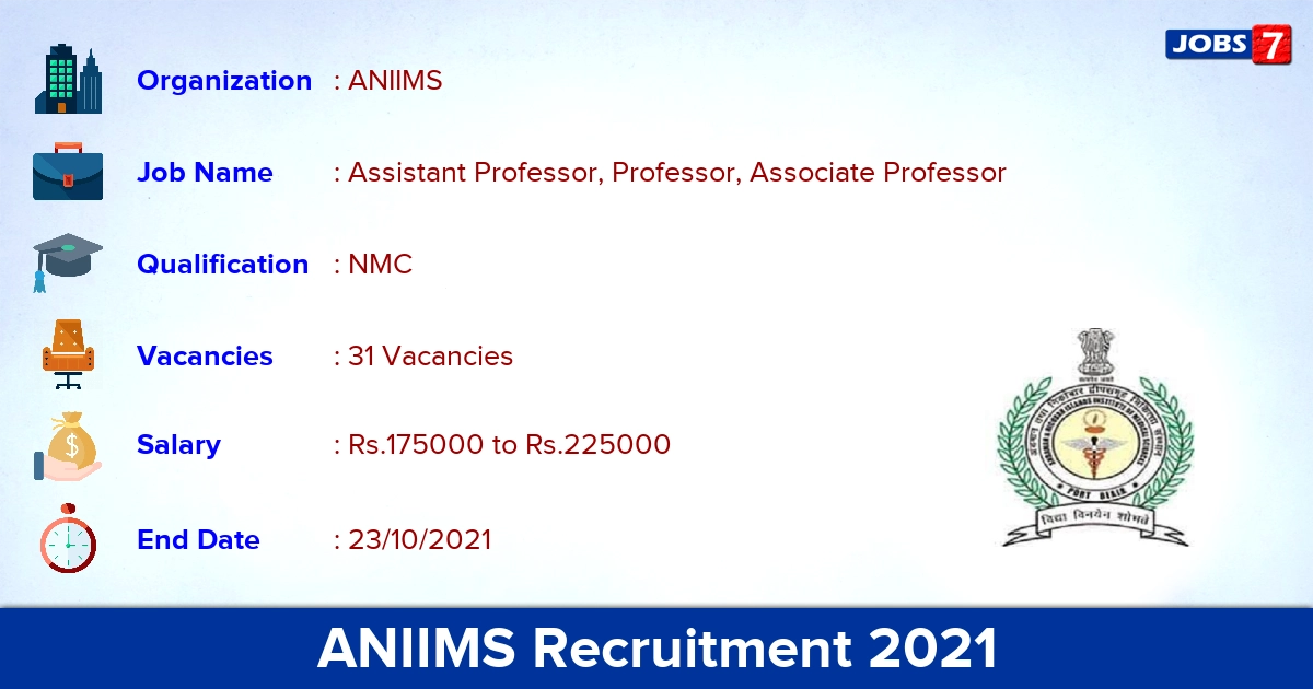 ANIIMS Recruitment 2021 - Online Interview for 31 Professor Vacancies