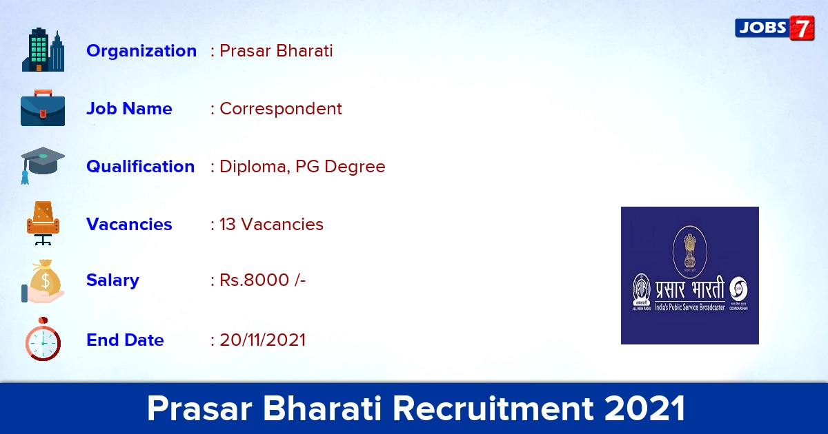 Prasar Bharati Recruitment 2021 - Apply for 13 Correspondent Vacancies