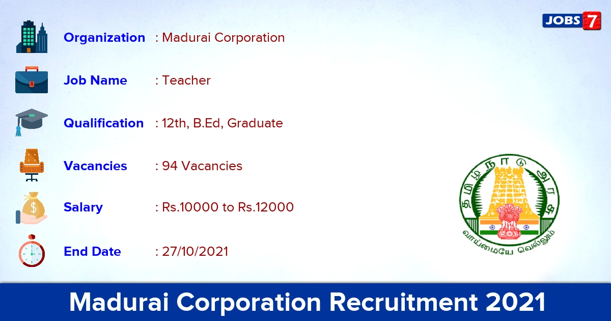 Madurai Corporation Recruitment 2021 - Apply for 94 Teacher Vacancies