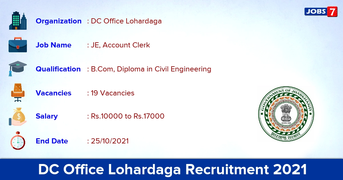 DC Office Lohardaga Recruitment 2021 - Apply for 19 Account Clerk Vacancies