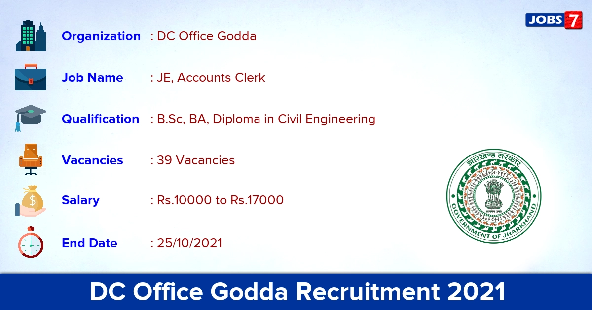 DC Office Godda Recruitment 2021 - Apply for 39 Junior Engineer Vacancies