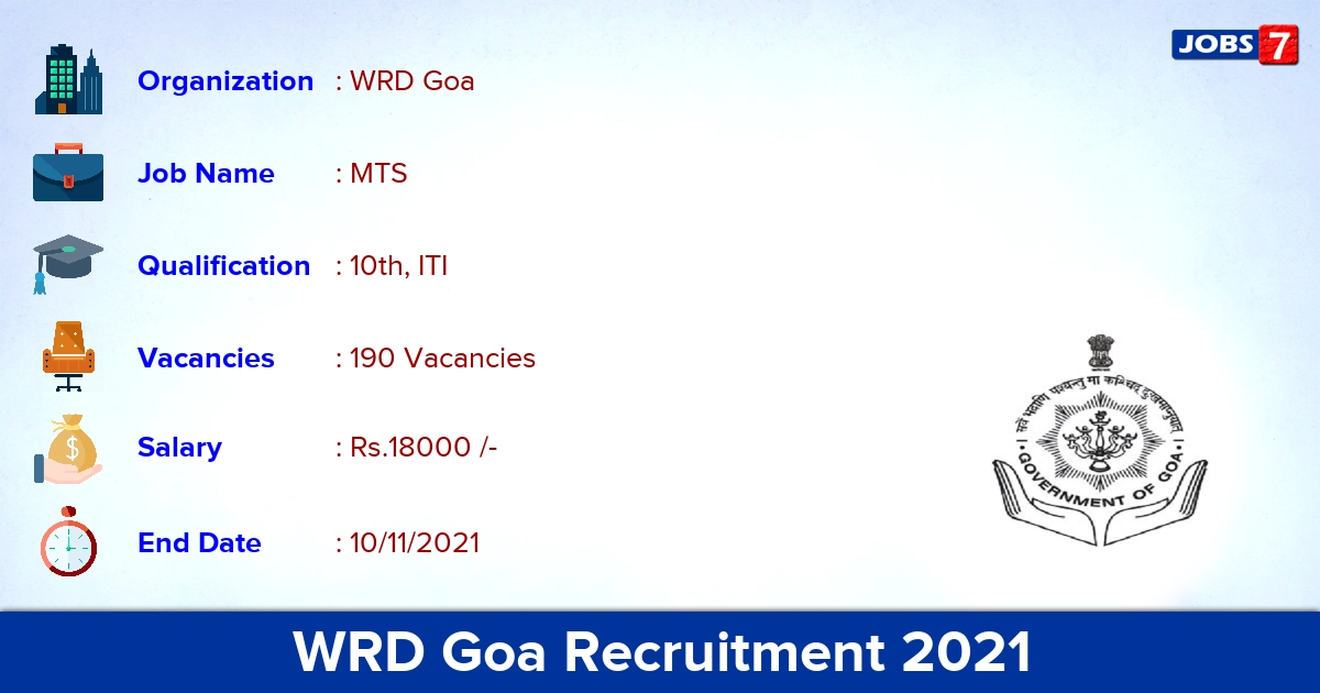 WRD Goa Recruitment 2021 - Apply Offline for 190 MTS Vacancies (Last Date Extended)
