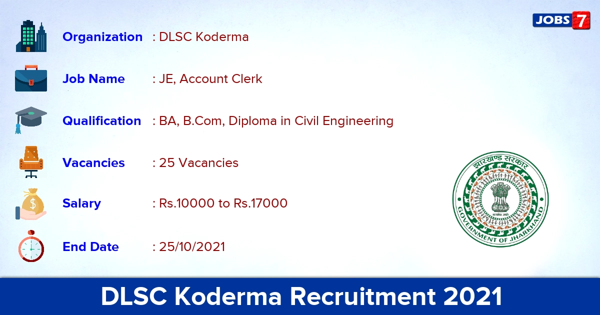 DLSC Koderma Recruitment 2021 - Apply for 25 JE, Account Clerk Vacancies