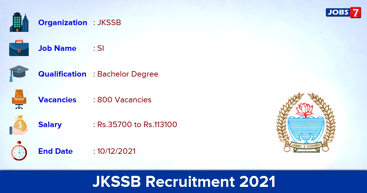 JKSSB Recruitment 2021 - Apply Online for 800 SI Vacancies