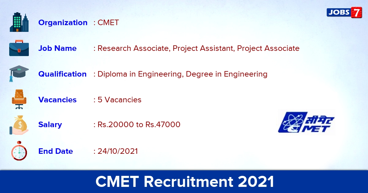 CMET Recruitment 2021 - Direct Interview for Project Associate Jobs