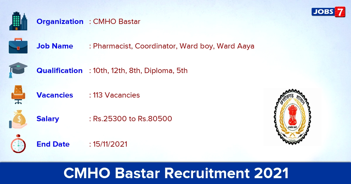 CMHO Bastar Recruitment 2021 - Apply Online for 113 Pharmacist Vacancies